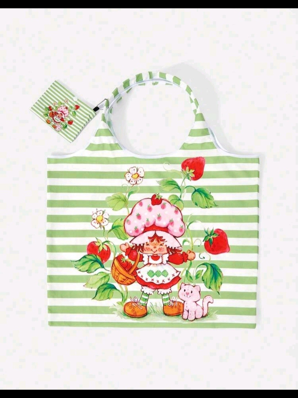Green & White Striped Strawberry Print Tote Bag - Picture 2 of 4